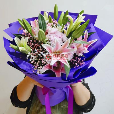 揭阳6支粉色多头百合，真诚的问候