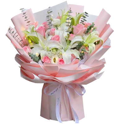 揭阳16朵粉玫瑰百合，感情稳定坚固